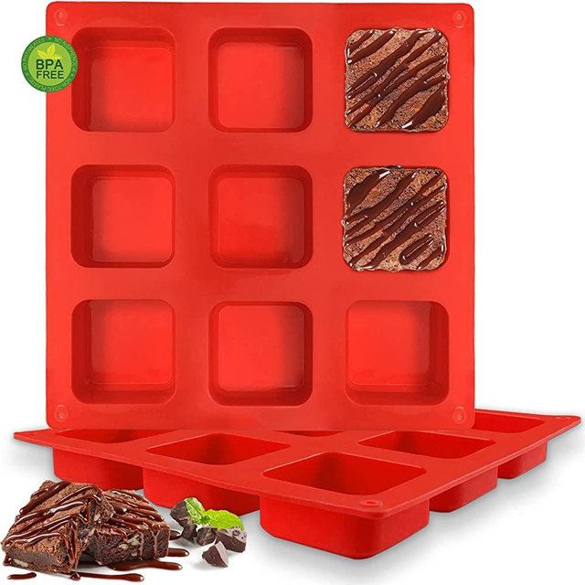 Silicone Brownie Pan - Walfos 9-Cavity Non-stick Square Baking Pan, Perfect for Brownies, Cornbread, Muffin and Cakes, BPA Free and Dishwasher Safe, Set of 2