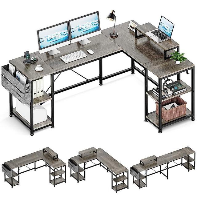 Lulive L Shaped Desk, 95" Reversible Corner Computer Desk with Shelves, Monitor Stand, Storage Bag, Hooks, 2 Person Long Desk for Home Office Writing Study Workstation (Grey)