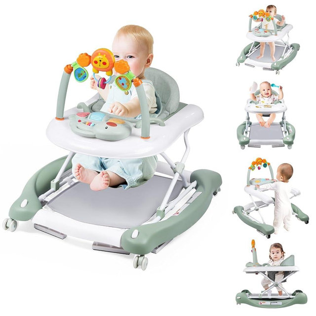 Boyro Baby Baby Walker, 5-in-1 Baby Walkers for Boys and Girls 6-12 Months with Bouncer, Removable Footrest, Feeding Tray & Music, Foldable & Adjustable Activity Walker for 6-18 Months Toddler Infant