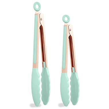 COOK with COLOR Stainless Steel Silicone Tipped Kitchen Food BBQ and Cooking Tongs Set of Two 9” and 12” for Non Stick Cookware, BPA Fee, Stylish, Sturdy, Locking, Grill Tongs, Rose Gold and Mint