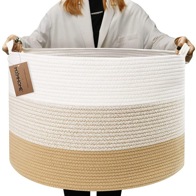 MXMHOME Woven Baskets for Storage - Extra Large Blanket Basket for Living Room, Cotton Rope Storage Basket, Kids Toy Bins Basket Storage, Wicker Woven Baskets with Handle (23.6” X 23.6”X 14.1”)