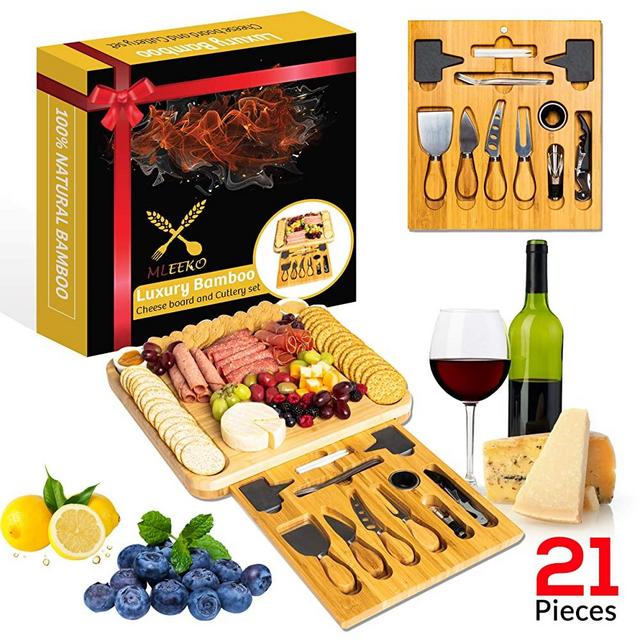 Luxury Bamboo Cheese Board, Knife Set 21-piece Serving Tray with Cutlery, Charcuterie Platte with Hidden Magnetic Drawer,Perfect Gift Idea for Housewarming, Christmas, Wedding & Birthday