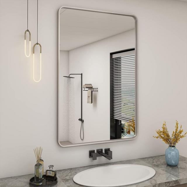 CHARMOR 24x36 Silver Bathroom Mirror for Wall, Brushed Metal Framed Bathroom Vanity Mirror, Modern Rounded Corner Rectangle Mirror, Anti-Rust (Horizontal/Vertical)