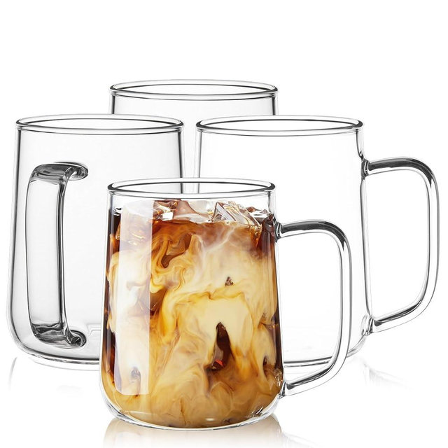 ZMZKKLL Glass Coffee Mugs, 16 oz Glass Coffee Cups Set of 4, Clear Borosilicate Glass Mugs with Handles for Cappuccino, Tea, Latte, Hot/Cold Beverages, Wine, Americano
