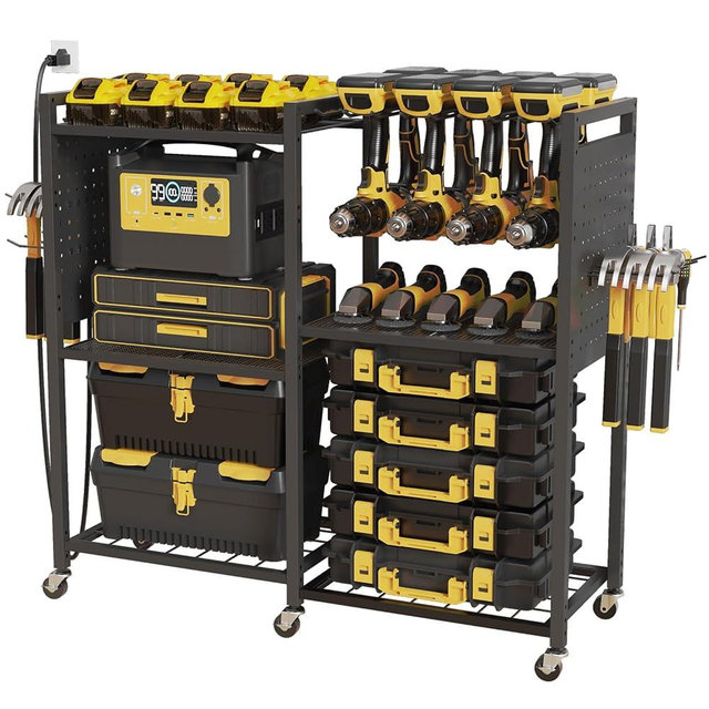 Goyappin 6-Tier Large Power Tool Organizer Cart with Charging Station, Heavy-Duty Garage Rolling Tool Cart with 6 Wheels, 8 Hooks & Adjustable Shelves, Holds 700LBS+