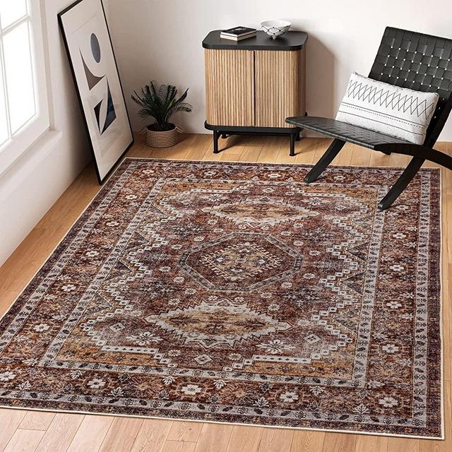 Rugland 6x9 Rug - Stain Resistant Washable Rug, Anti Slip Backing Rugs for Living Room, Boho Vintage Tribal Area Rugs (TPR07-Rust, 6'x9')