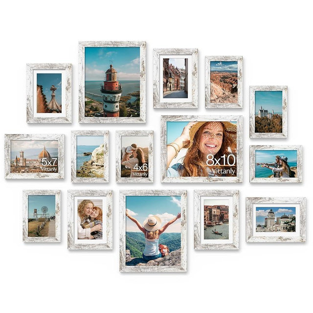 Vittanly 15 Pack Picture Frames Collage Wall Decor for Mounting or Tabletop Display, Gallery Frame Set for Family, Multi Sizes Including 3pcs 8x10, 6pcs 5x7, 6pcs 4x6, Distressed White