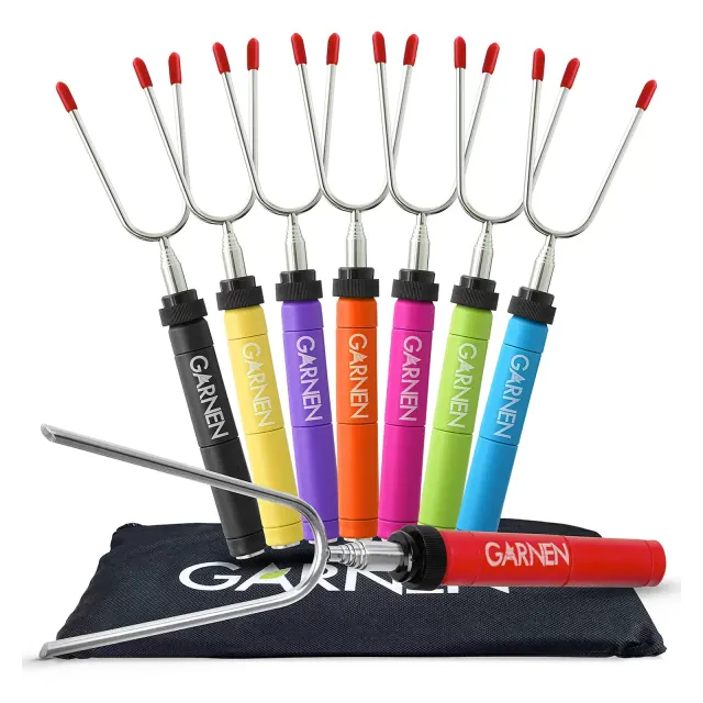 Garnen 34-inch Telescoping Stainless Steel Roasting Sticks with Plastic Handle - 8 Pack in Canvas Bag