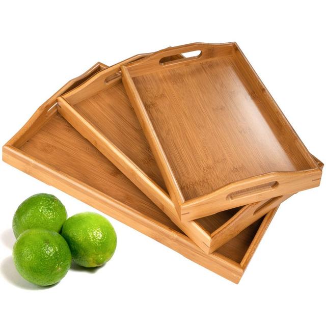 3 Pack Serving Tray,Large Bamboo Serving Tray with Handles Wood Serving Tray Set for Coffee,Food,Breakfast,Dinner