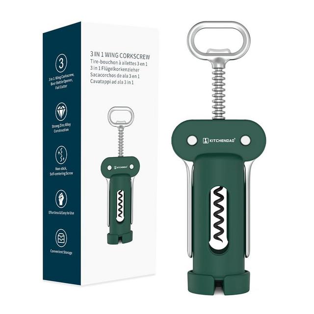 KITCHENDAO 3 in 1 Wing Corkscrew Wine Bottle Opener with Foil Cutter, Built-in Beer Bottle Opener, Multifunctional Wine Opener with Non-Stick Sharp Screw,Easy to Use, Manual Wine Corkscrew，Green