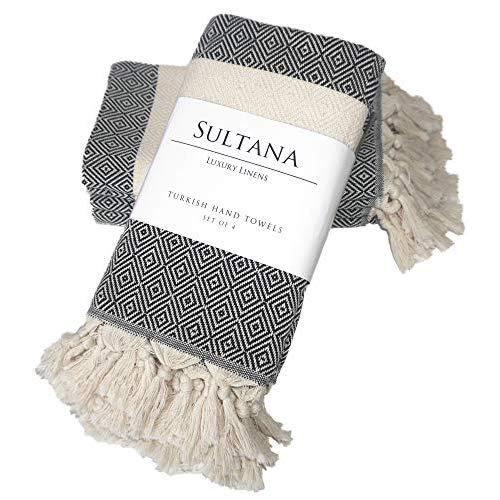 Sultana Luxury Linens Turkish Hand Towels Set of 4 | Cotton | Bath, Dishcloth, Tea, Kitchen, Gym, Yoga, Hair, Face (Black)