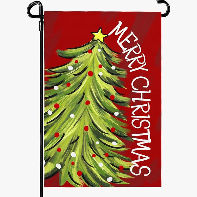 Dacawin Merry Christma Garden Flag Xmas Tree Yard Flag Winter Red Green Trees Double Sided Vertical House Banner for Rustic Farmhouse Seasonal Outdoor Decoration 12x18 Inch