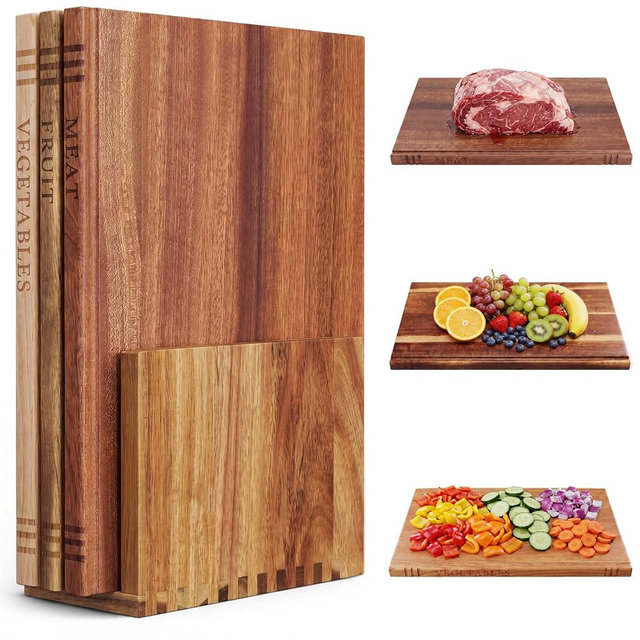 Acellegic 3 Pcs Acacia, Wenge & Rubberwood Chopping Wood Book Cutting Boards Set with Wooden Bookend Holder Book Shaped Solid Wood Cutting Board for Kitchen Fruits Vegetables Meat Fish Cheese Bread
