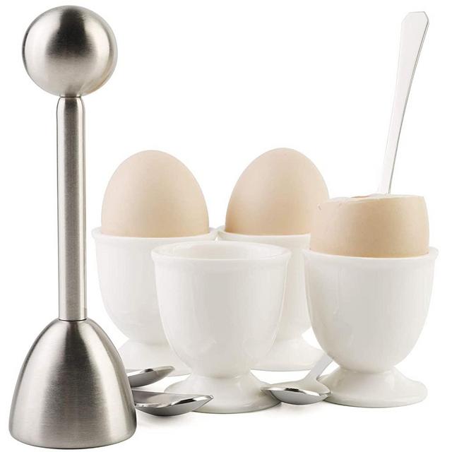 Egg Cracker Topper Set for Soft Hard Boiled Eggs Shell Removal Includes 1 Egg Cutter 4 Ceramic Egg Cups and 4 Spoons