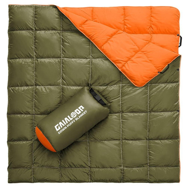 Gaialoop Down Puffy Blanket for 2 Person Car Camping Outdoor Travel Backpacking, 80% Duck Down & 20% Feather Lightweight Portable Soft Warm Cozy Camping Blanket Quilt, Olive Green