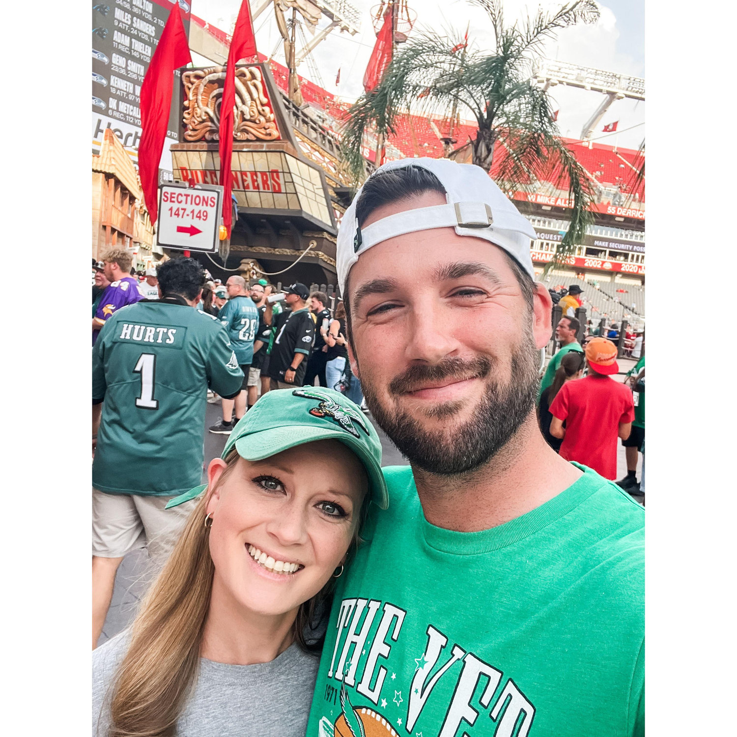 Fall 2023: We celebrated our 3 year Anniversary with Laurie's first Eagles game! (Yes, Laurie is wearing the shirt from Ben's Hinge profile).