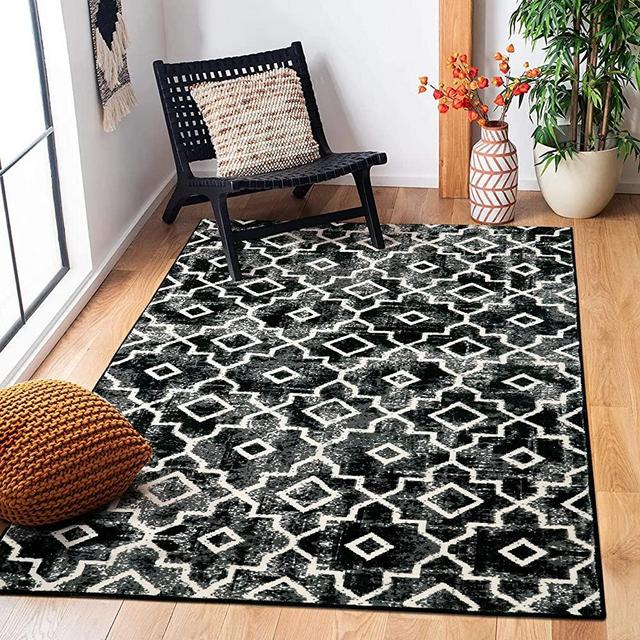Wonnitar Moroccan Washable Area Rug - Bedroom 3x5 Black Rug Non-Slip Distressed Entry Rug Modern Geometric Trellis Soft Black and White Throw Mat Floor Carpet for Desk Dining Table Dorm
