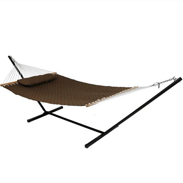 Sunnydaze 2 Person Freestanding Quilted Designs Fabric Spreader Bar Hammock with Stand-Includes Detachable Pillow, 350 Pound Capacity, Brown