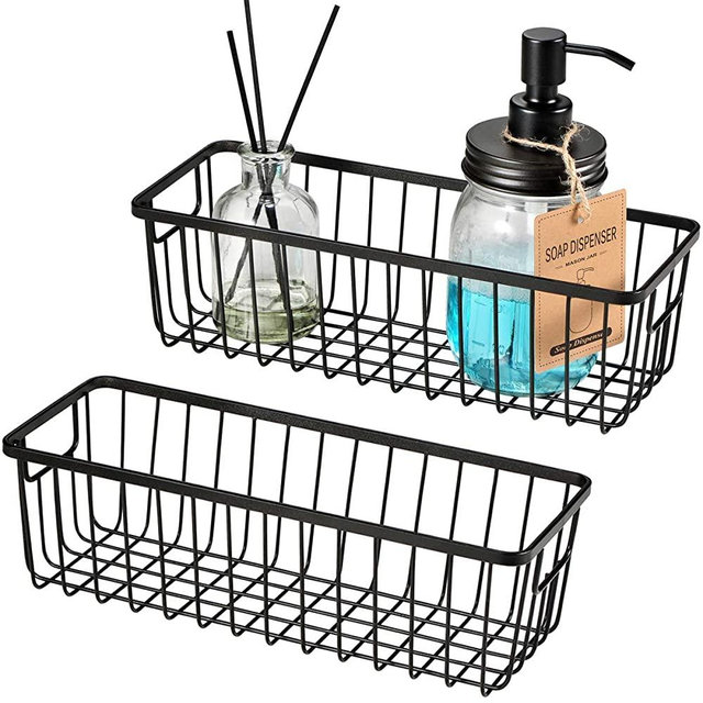 Farmhouse Decor Metal Wire Bathroom Storage Organizer Basket Bins - for Cabinets, Shelves, Closets, Vanity Countertops, Under Sinks, Pantry, Laundry Room, Garage - Small, 2 Pack (Black)