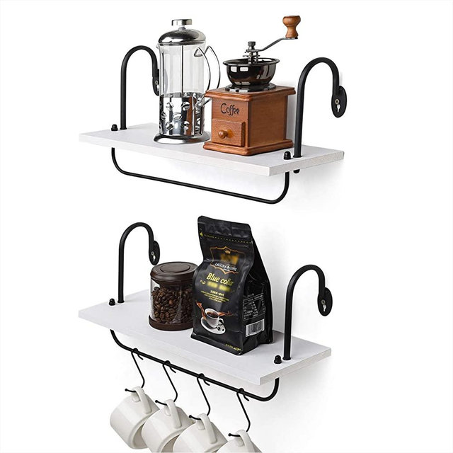 Olakee Floating Wall Shelves for Kitchen Bathroom Coffee Nook with 10 Adjustable Hooks for Mugs Cooking Utensils or Towel Rustic Storage Shelves Set of 2/17x5.9 inch (White)