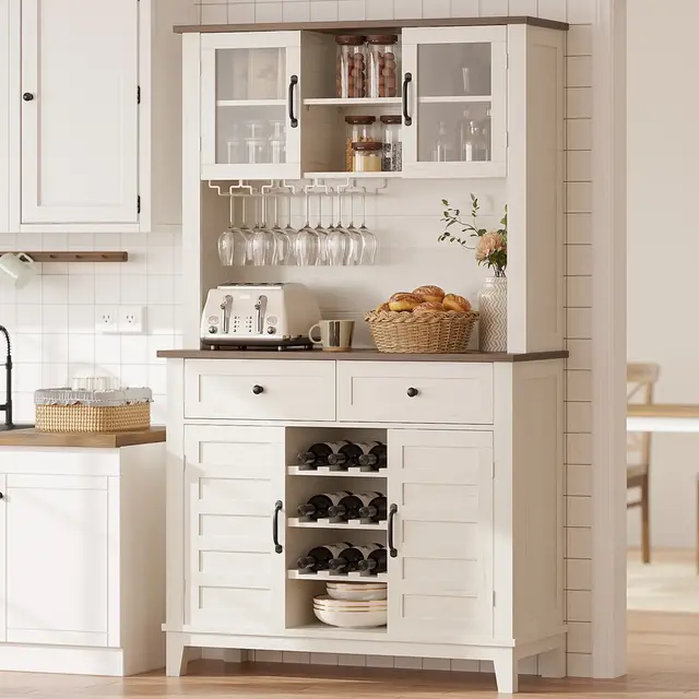 Coffee Bar Cabinet, 72" Tall Kitchen Pantry Cabinet with 4 Doors and Drawers, Kitchen Hutch Cabinets with Wine Rack for Dining Room, Antique White