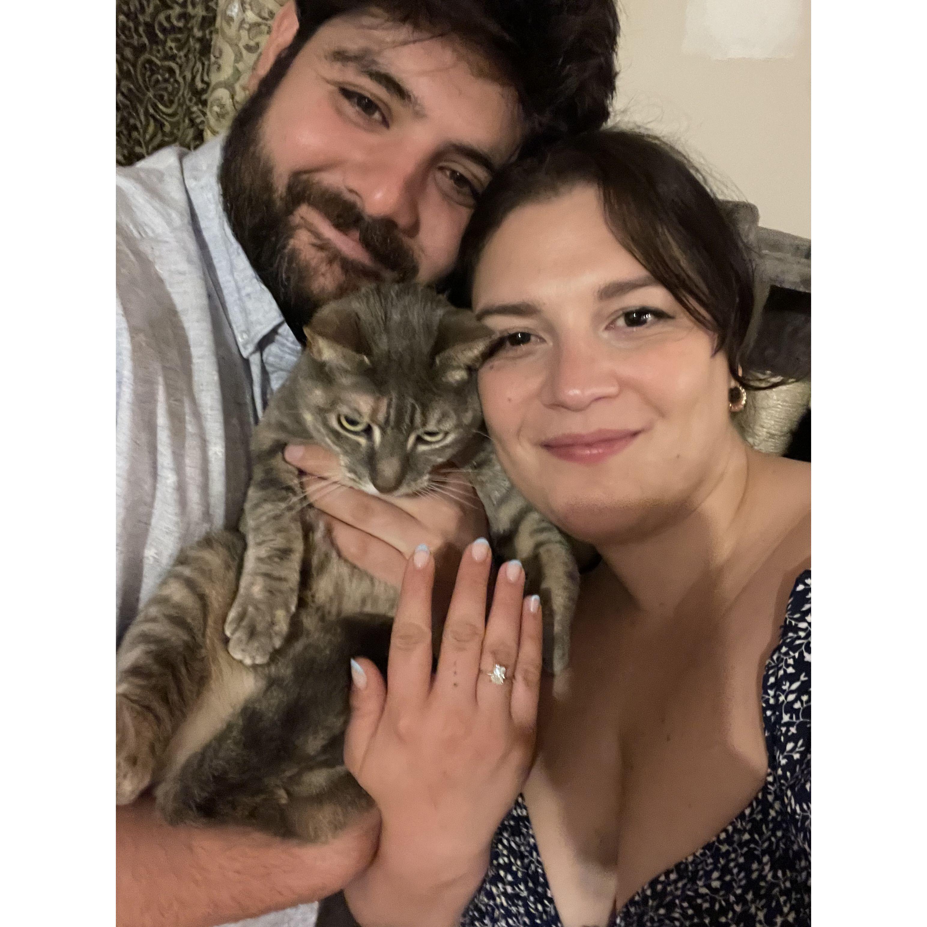 us with our beautiful Chunkie after a long day celebrating our engagement