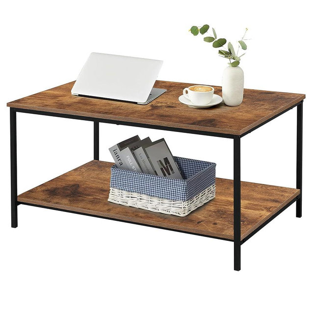 SENIG Small Brown Rectangle Wood and Metal Coffee Table with Storage Shelf for Small Living Rooms