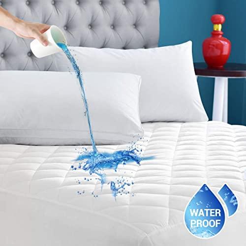 Queen Size Quilted Fitted Mattress Pad, 100% Waterproof Breathable Mattress Protector, Noiseless Cotton Alternative Filling Mattress Topper, Fitted 18" Deep, Dust Proof, Vinyl-Free