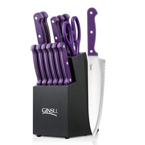 Douglas Quikut - Ginsu Essential Series 14-Piece Stainless Steel Serrated Knife Set – Cutlery Set with Purple Kitchen Knives in a Black Block, 03891DS