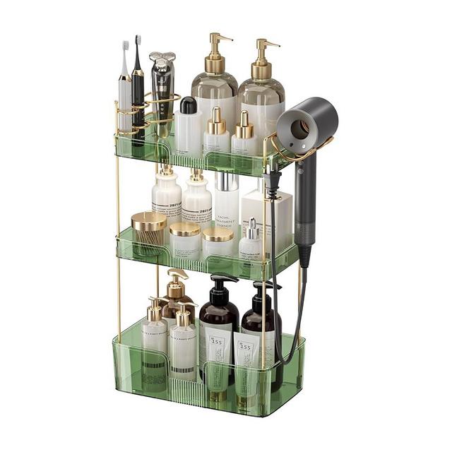 YCIA&DONE Luxury Bathroom Counter Organizer, Large Makeup Organizer Countertop, Shelf Organizer, Vanity Tray, Easily Assemble for Bathroom Organizers and Storage, Undersink, Cabinet, 3 Tiers Green