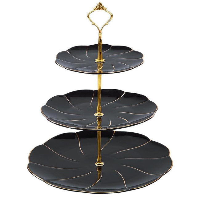 DUJUST Luxury Larger 3-Tier Cupcake Stand Tower, British Style Porcelain Serving Tray with Golden Trim, Food Grade Dessert Display Stand for Tea Party & Home Décor - 45% Black Larger Plates