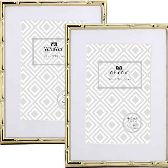 YiPinYin 6x8' Bamboo Detail Gold Metal Picture Frame 2pack, 6x8'' Gold Plated Premium Photo Frames With Mat for 4 x6', Frames with Soft Velvet Backing for Desktop and Wall Décor(Gold)