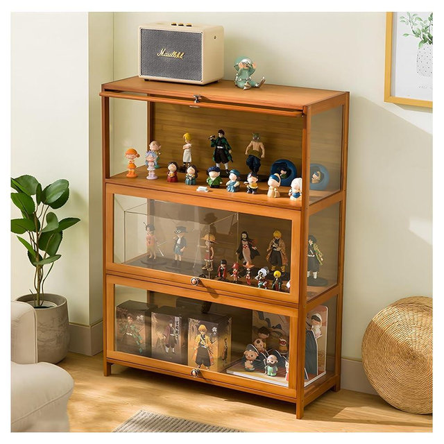 Display Cabinet with Acrylic Doors for Collectibles 4 Tier 3 Tier Small Curio Cabinet Display Case for Figures Wood Storage Cabinet for Bedroom Living Room Playroom Kitchen,Brown,3 Tier_Flip Up Door