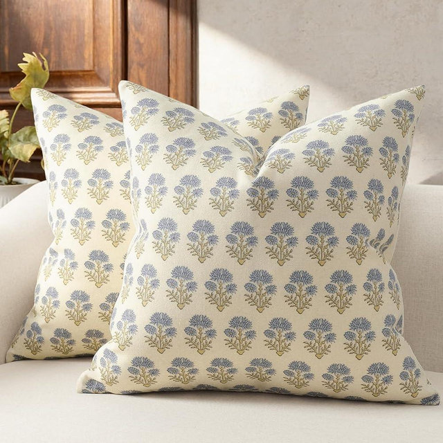 DKwizme Farmhouse Floral Pillow Covers 18x18 Set of 2, Country Botanical Throw Pillow Cover for Sofa Couch Bed Living Room, Rustic Vintage Flower Cushion Covers Cottage Home Decor,Blue Mustard