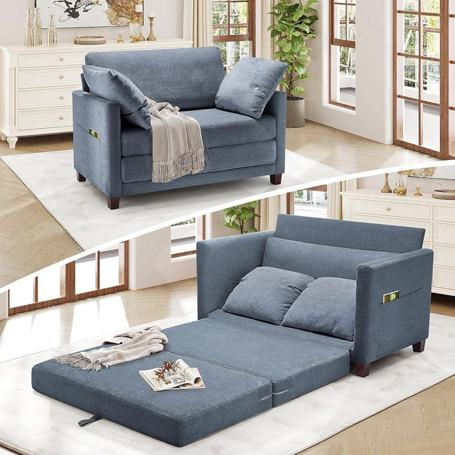 kakuboohi 51" Loveseat Sleeper Sofa Bed, Chenille Convertible Floor Sofa Bed for Small Spaces, Folding Couch Bed with Deep Seat, 2 Pillows & Solid Frame, Pull Out Couch for Living Room, Light Blue