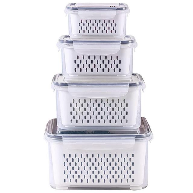 4 Pack Fridge Food Storage Container Set with Lids with Strainer,Plastic Fresh Produce Saver Vegetable Fruit Meat Storage Organization, BPA-Free Plastic Produce Keepers (4.15L+3.15L+1.7L+0.8L）