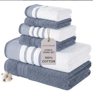 Modern Threads 6-Piece Towel Set – 100% Cotton, Quick Dry, Ultra Absorbent – Includes 2 Bath, 2 Hand, 2 Washcloths (White/Reinhart Blue)