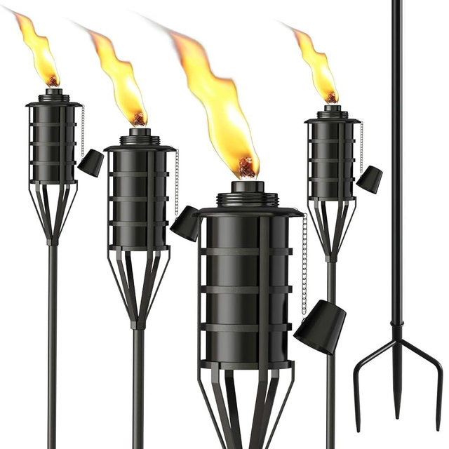 FALBAWR Upgraded Citronella Garden Torch Set of 4, Large Capacity 16oz Metal Torch for Outside, 59.5 Inch Black Home Torches with 3-Prong Grounded Stake, Metal Torch Light for Party Patio Pathway