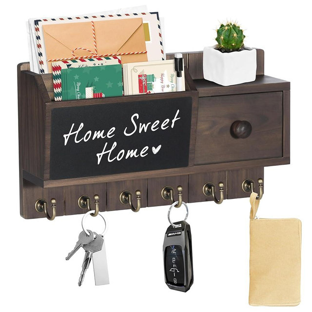 RELBRO Key Holder Wall Mount, Wooden Mail and Key Organizer with Black Board Key Rack with Drawer, Small Shelf, 6 Key Hooks, Brown