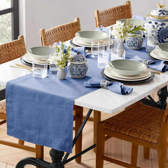 Italian Washed Linen Table Runner, Set of 4, Blue