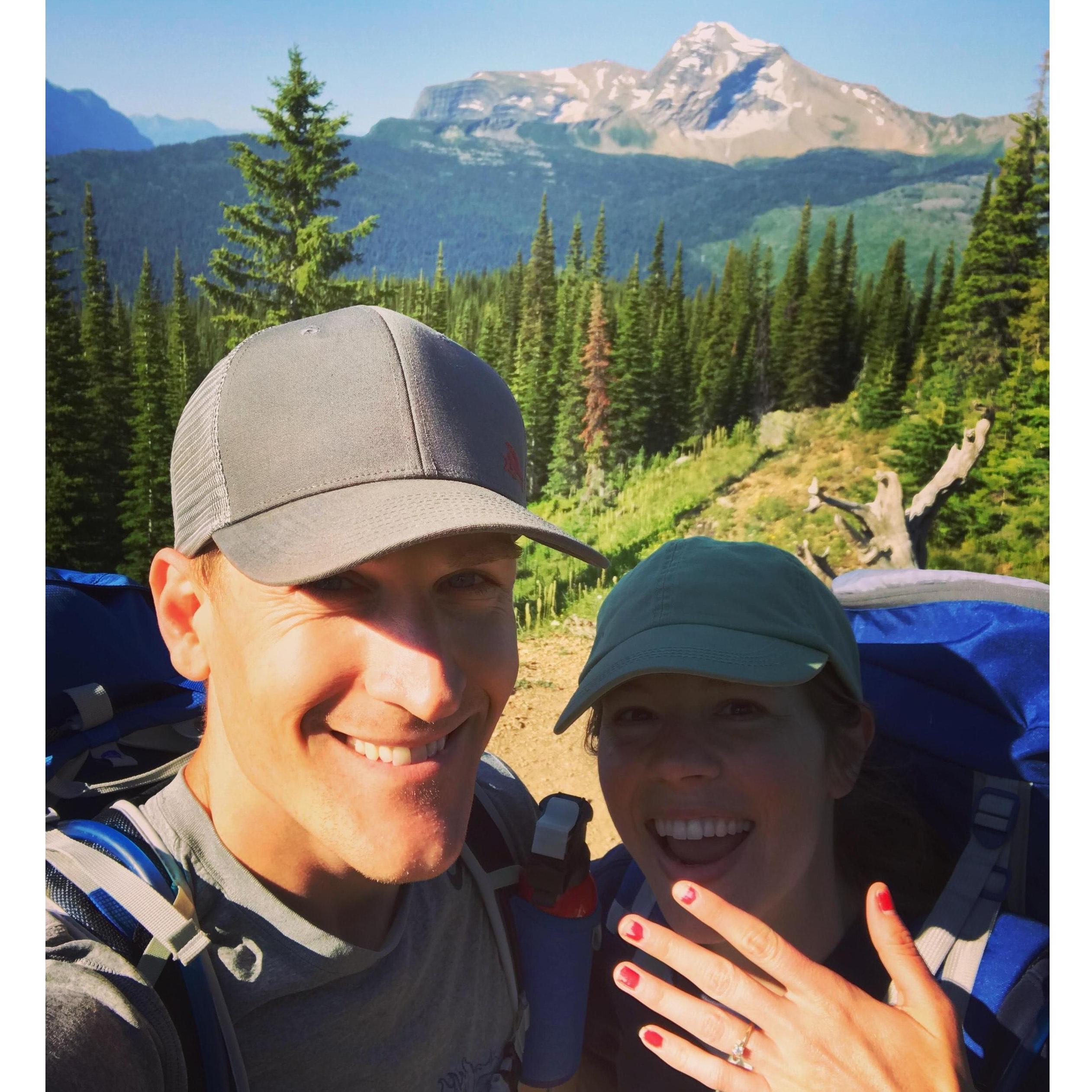 The morning after the proposal in Glacier National Park. Heavens Peak featured in the background.