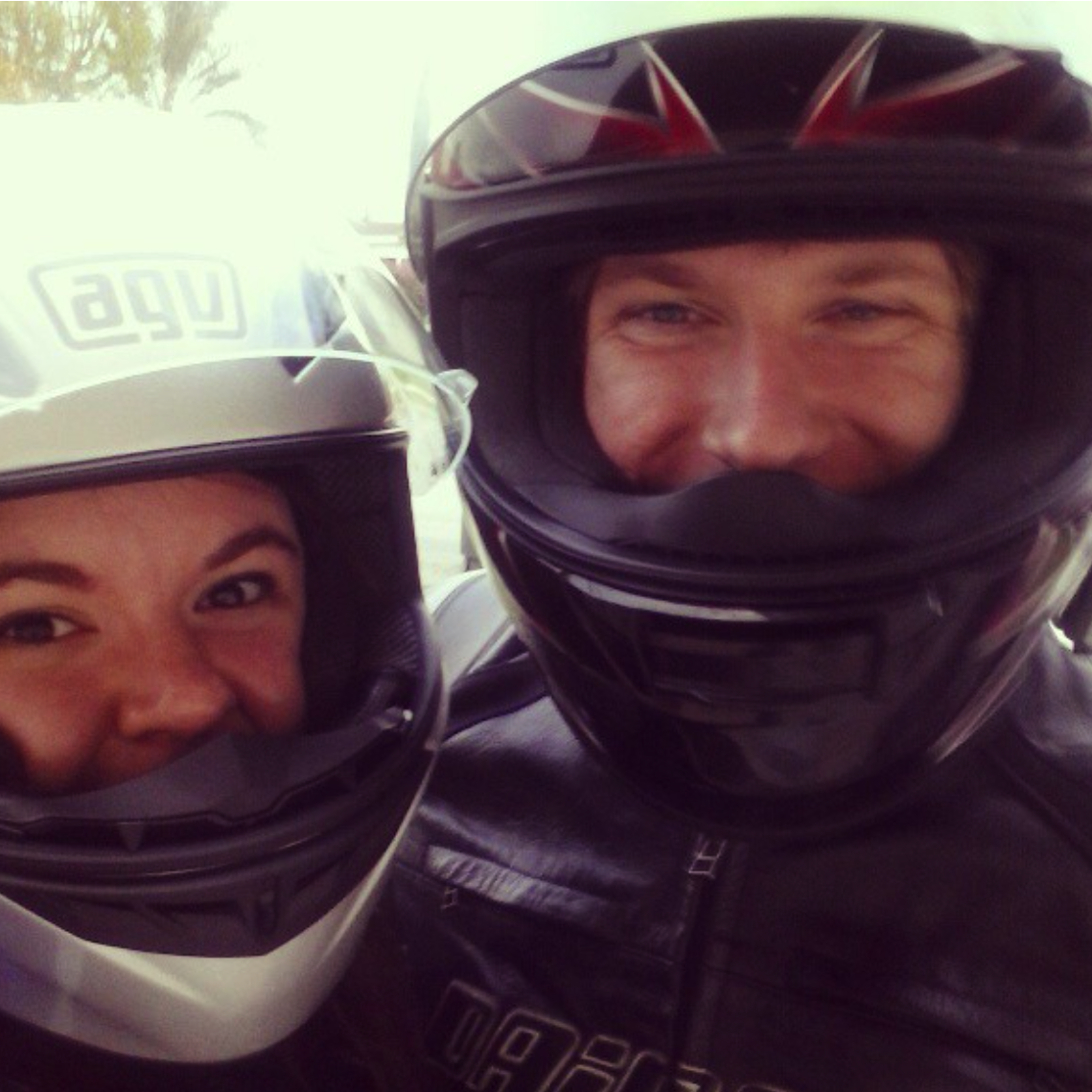 2013: One of the first motorcycle rides together on Taylor's bike. He bought her a helmet so she could go.