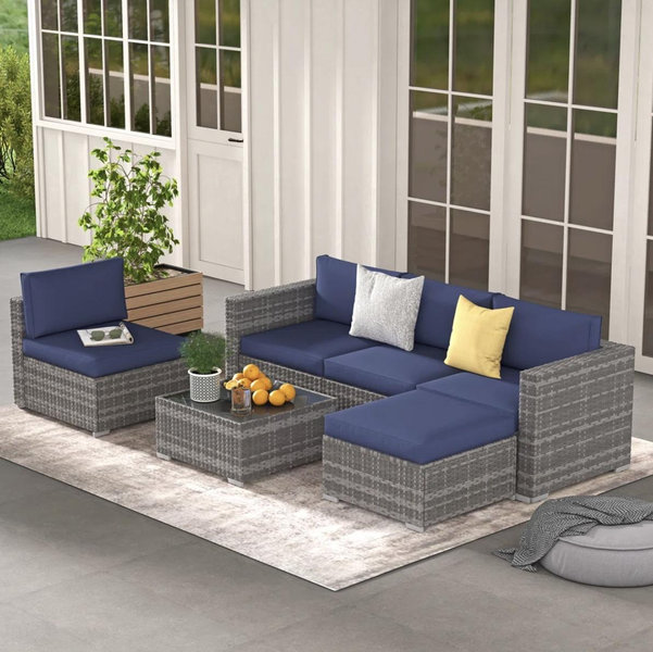 Eudy 6 Piece Rattan Sectional Seating Group with Cushions - Gray/Navy