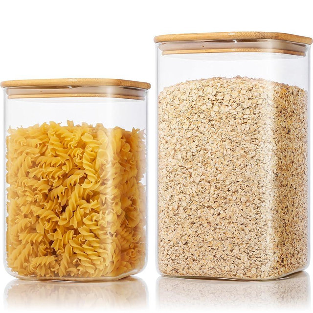 Extra Large Square Glass Flour & Sugar Storage Containers with Airtight Lids, 168oz & 84oz - 2 Pack Glass Jars with Bamboo Lids, Air tight Pantry Food Storage Containers for Cereal, Pasta, Rice
