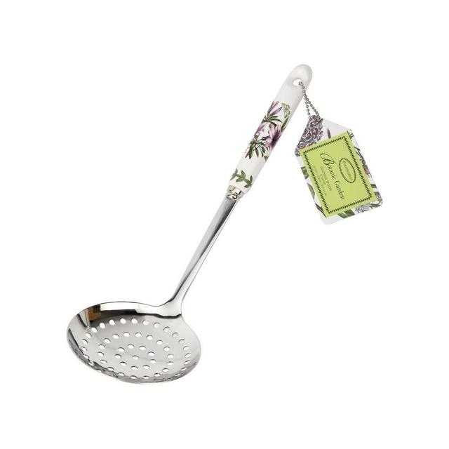 Portmeirion Botanic Garden Draining Spoon, Stainless Steel Slotted Spoon with Porcelain Handle, Long Handle for Draining and Frying, Azalea Motif
