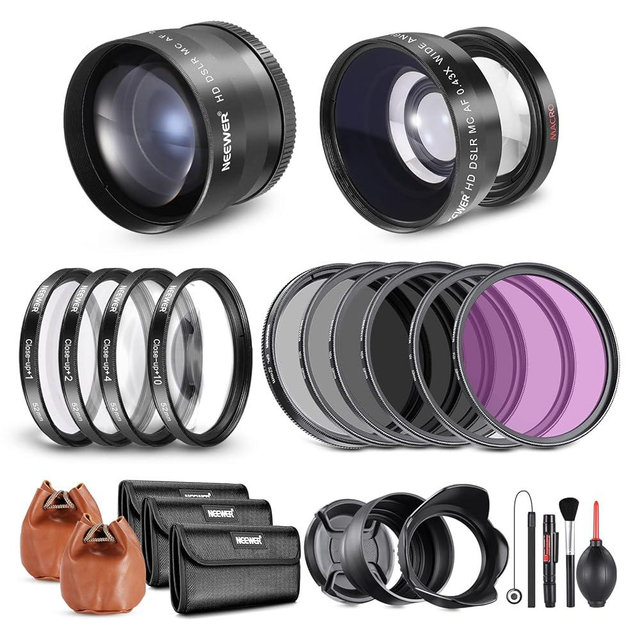 Neewer 52mm Lens and Filter Set: Wide Angle/2.2X Telephoto Additional Lens for 18mm-85mm APS-C Lens, (+1+2+4+10) Close Up Macro/ND/UV/CPL/FLD Filters for Camera Lens with ⌀52mm Thread
