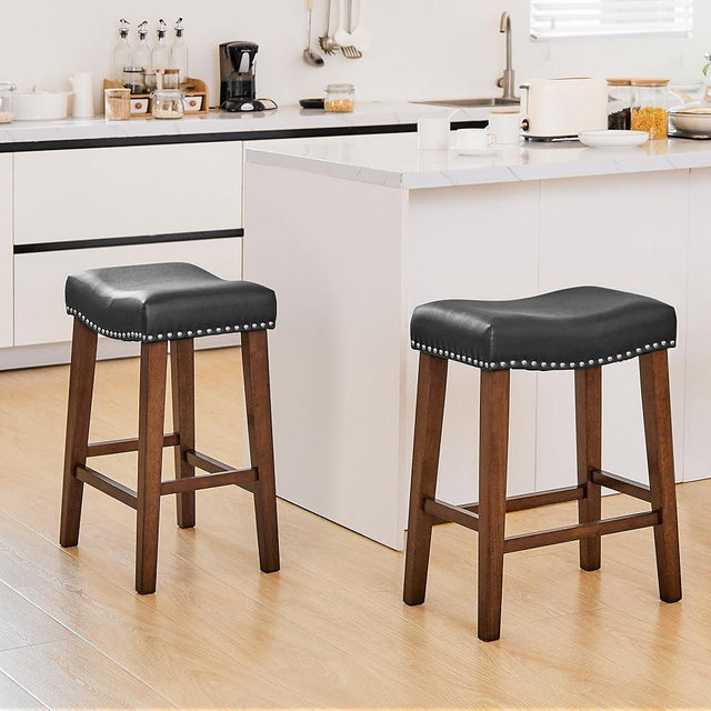 PrimeZone Counter Height Bar Stools Set of 2 - Backless Saddle Barstools with 4.3" Thick Upholstered, Nailhead Trim Faux Leather & Solid Wood Legs, 24 Inch Counter Stools for Kitchen Island, Black