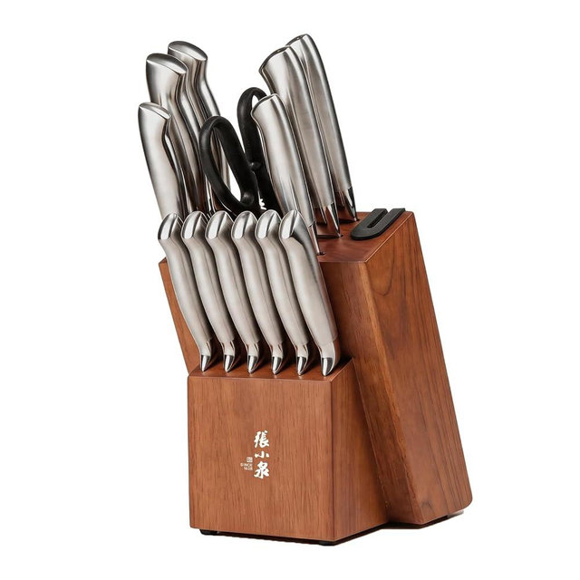 ZHANG XIAO QUAN 15-Piece Kitchen Knife Set with Block, High Carbon Stainless Steel, Ergonomic Hollow Handles, Durable Sharp Blades for Precision Cutting, Silver