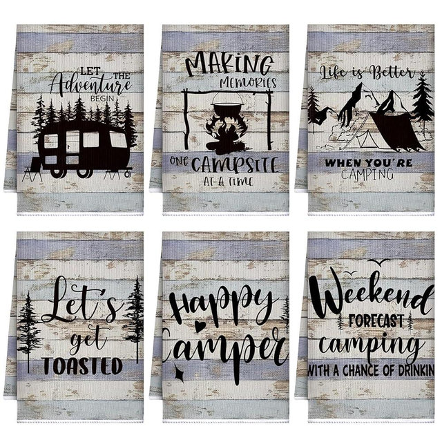 Boyiee Set of 6 Camping Kitchen Towels Happy Camper Tea Towels Absorbent Farmhouse Dish Towels with Funny Sayings 24 x 16 Inches Camping Hand Towels for RV Campers Lovers Gifts Accessories Decorations