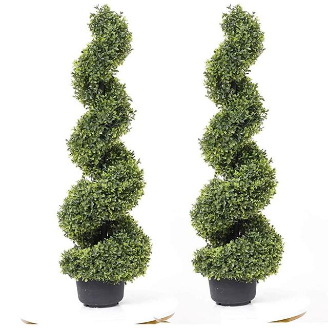 35 Inch Artificial Boxwood Topiary Tree Spiral Plants Fake Faux Plant Decor in Plastic Pot Green Indoor or Outdoor, Set of 2